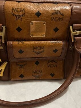 MCM Brown Cognac Visetos Logo Satchel with Gold Hardware